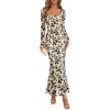 MEROKEETY Womens Fall Wedding Guest Long Sleeve Floral Mesh Maxi Dress 2026 | Formal, Square Neck, Bodycon, Fitted, Ruched, Flocked Fabric, Church, Baby Shower, Bridal Shower, Cocktail Party, Long Dress(Apricot)
