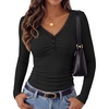 MEROKEETY Women’s Lace Trim V Neck Cute Tops Long Sleeve Henley Shirt | Ribbed Knit Shirts, Slim Fitted, Button Down, Going Out Y2k Tops, Ruched Casual Outfits, Fall Fashion Layering Clothing(Black)