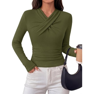 MEROKEETY Womens Business Casual Long Sleeve Criss Cross Tops 2026 Trendy | Work Office Shirts, Ruched Fitted Dressy Blouses, V Neck, Going Out, Elegant Outfits, Fall Fashion, Layering Winter Clothing(Army Green)