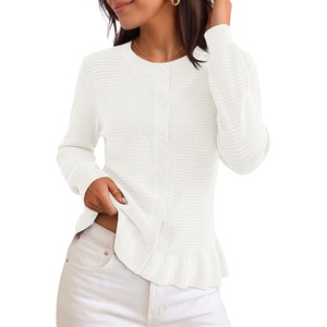 MEROKEETY Womens Fall Button Up Cute Ruffle Hem Cardigan Sweaters Trendy | 2026, Long Sleeve, Crochet, Winter, Crewneck, Ribbed Details, Soft, Relaxed Fit, Casual Outfits, Knit Coats, Fashion Clothes(White)