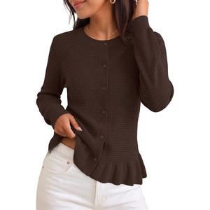 MEROKEETY Womens Fall Button Up Cute Ruffle Hem Cardigan Sweaters Trendy | 2026, Long Sleeve, Crochet, Winter, Crewneck, Ribbed Details, Soft, Relaxed Fit, Casual Outfits, Knit Coats, Fashion Clothes(Coffee)