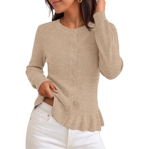 MEROKEETY Womens Fall Button Up Cute Ruffle Hem Cardigan Sweaters Trendy | 2026, Long Sleeve, Crochet, Winter, Crewneck, Ribbed Details, Soft, Relaxed Fit, Casual Outfits, Knit Coats, Fashion Clothes(Oatmeal)