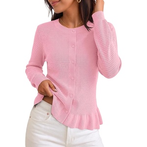 MEROKEETY Womens Fall Button Up Cute Ruffle Hem Cardigan Sweaters Trendy | 2026, Long Sleeve, Crochet, Winter, Crewneck, Ribbed Details, Soft, Relaxed Fit, Casual Outfits, Knit Coats, Fashion Clothes(Pink)