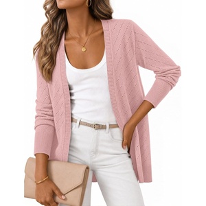 MEROKEETY Women’s Fall Crochet Lightweight Cardigan Sweater | Long Sleeve, Long Length, Pointelle Ribbed Knit Sweater, Relaxed Fit, Open Front, Elegant Casual Outerwear, Trendy Clothes(Pink)