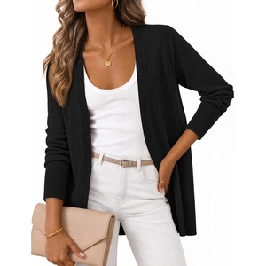 MEROKEETY Women’s Fall Crochet Lightweight Cardigan Sweater | Long Sleeve, Long Length, Pointelle Ribbed Knit Sweater, Relaxed Fit, Open Front, Elegant Casual Outerwear, Trendy Clothes(Black)