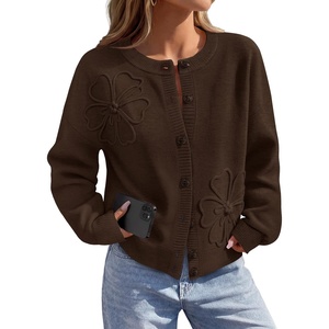 MEROKEETY Women’s Fall Floral Button Up Cute Cozy Cardigan Sweaters Trendy | Long Sleeve, 3D Flowers, Ribbed Knit Details, Lightweight Knit Fabric, Loose Fit Outfits, Warm Coat, 2026 Winter Clothes(Coffee)