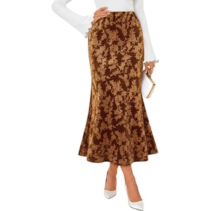 MEROKEETY Women’s Fall Floral Velvet Maxi Skirt | Floral Velvet Textured, Mermaid Fishtail Hem, Elastic High Waist, Elegant Classy, 2026 Trendy Long Skirts(Golden)