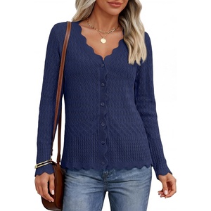 MEROKEETY Women’s Fall Lightweight Crochet Cardigan Sweaters Trendy | Trendy Sweater, Long Sleeve, V Neck, Button Down, Pointelle Knit, Scalloped Trim, Fashion Layer Tops, Soft Breathable Clothes(Navy)