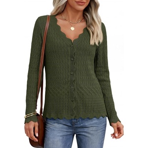 MEROKEETY Women’s Fall Lightweight Crochet Cardigan Sweaters Trendy | Trendy Sweater, Long Sleeve, V Neck, Button Down, Pointelle Knit, Scalloped Trim, Fashion Layer Tops, Soft Breathable Clothes(Armygreen)