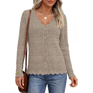 MEROKEETY Women’s Fall Lightweight Crochet Cardigan Sweaters Trendy | Trendy Sweater, Long Sleeve, V Neck, Button Down, Pointelle Knit, Scalloped Trim, Fashion Layer Tops, Soft Breathable Clothes(Khaki)