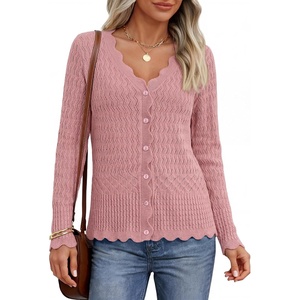 MEROKEETY Women’s Fall Lightweight Crochet Cardigan Sweaters Trendy | Trendy Sweater, Long Sleeve, V Neck, Button Down, Pointelle Knit, Scalloped Trim, Fashion Layer Tops, Soft Breathable Clothes(Pink)