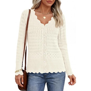 MEROKEETY Women’s Fall Lightweight Crochet Cardigan Sweaters Trendy | Trendy Sweater, Long Sleeve, V Neck, Button Down, Pointelle Knit, Scalloped Trim, Fashion Layer Tops, Soft Breathable Clothes(Beige)