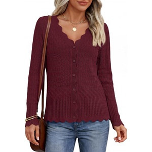 MEROKEETY Women’s Fall Lightweight Crochet Cardigan Sweaters Trendy | Trendy Sweater, Long Sleeve, V Neck, Button Down, Pointelle Knit, Scalloped Trim, Fashion Layer Tops, Soft Breathable Clothes(Burgundy)
