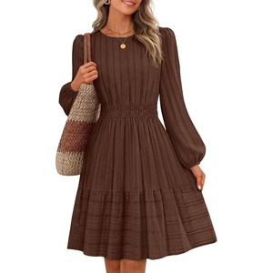 MEROKEETY Women’s Fall Long Puff Sleeve Casual Boho Flowy Dress | Crew Neck, Elastic Waist, Tiered Ruffle Hem, Cotton A Line Mini Vacation Dresses, Bridal Shower, Cocktail Date Night Outfits(Coffee)