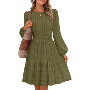 MEROKEETY Women’s Fall Long Puff Sleeve Casual Boho Flowy Dress | Crew Neck, Elastic Waist, Tiered Ruffle Hem, Cotton A Line Mini Vacation Dresses, Bridal Shower, Cocktail Date Night Outfits(Army)