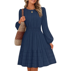 MEROKEETY Women’s Fall Long Puff Sleeve Casual Boho Flowy Dress | Crew Neck, Elastic Waist, Tiered Ruffle Hem, Cotton A Line Mini Vacation Dresses, Bridal Shower, Cocktail Date Night Outfits(Navy)