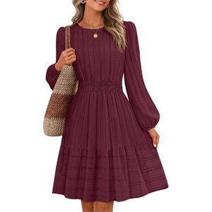 MEROKEETY Women’s Fall Long Puff Sleeve Casual Boho Flowy Dress | Crew Neck, Elastic Waist, Tiered Ruffle Hem, Cotton A Line Mini Vacation Dresses, Bridal Shower, Cocktail Date Night Outfits(Burgundy)