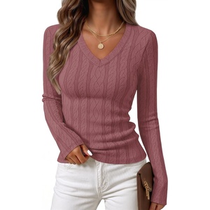 MEROKEETY Womens Fall Long Sleeve Cable Knit Shirts Trendy Top | V Neck, Fitted, Lightweight, Stretchy Textured Knit, Going Out Outfits, Business Casual Blouse, Dressy Work Top, Y2K Clothes(Grey Purple)