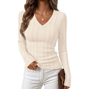 MEROKEETY Womens Fall Long Sleeve Cable Knit Shirts Trendy Top | V Neck, Fitted, Lightweight, Stretchy Textured Knit, Going Out Outfits, Business Casual Blouse, Dressy Work Top, Y2K Clothes(Apricot)