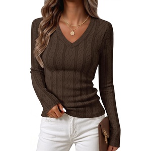 MEROKEETY Womens Fall Long Sleeve Cable Knit Shirts Trendy Top | V Neck, Fitted, Lightweight, Stretchy Textured Knit, Going Out Outfits, Business Casual Blouse, Dressy Work Top, Y2K Clothes(Brown)
