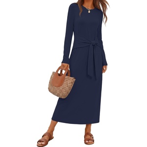 MEROKEETY Women’s Fall Long Sleeve Casual T Shirt Maxi Dresses | Tie Waist, Wrap, Crew Neck, Business Casual, Work Long Dress, Elegant, Knit, Stretchy and Soft, Winter, Going Out Clothes(Navy)