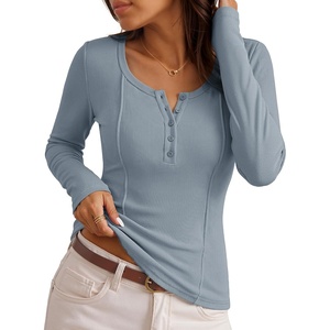 MEROKEETY Womens Fall Long Sleeve Fitted Henley T Shirt Top 2026 Trendy | Fashion Must Have, Scoop Neck, Casual, Ribbed Knit, Buttons, Basic, Soft, Lightweight, Flattering, Cute, Cinched Waist(Greyblue)