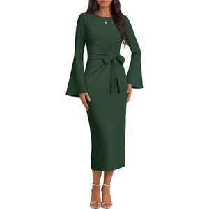 MEROKEETY Women’s Fall Long Sleeve Midi Dress Tie Waist Boat Neck Back Slit Ruched Elegant Wedding Guest Cocktail Dresses(Green)