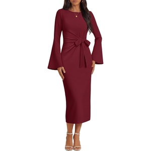 MEROKEETY Women’s Fall Long Sleeve Midi Dress Tie Waist Boat Neck Back Slit Ruched Elegant Wedding Guest Cocktail Dresses(Wine)