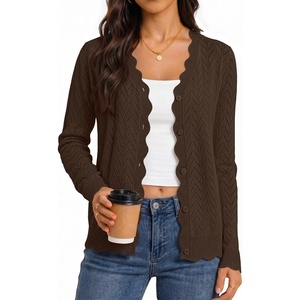 MEROKEETY Women’s Fall Long Sleeve Open Front Cardigan Sweaters | Button Up, Scalloped V Neck, Crochet Cardigan, Hollow Out, Lightweight, Dressy, Trendy, Loose Fit, Knit Jumper, Sweater Top(Coffee)
