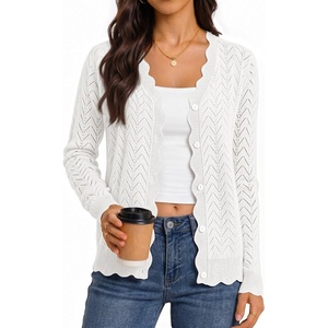 MEROKEETY Women’s Fall Long Sleeve Open Front Cardigan Sweaters | Button Up, Scalloped V Neck, Crochet Cardigan, Hollow Out, Lightweight, Dressy, Trendy, Loose Fit, Knit Jumper, Sweater Top(White)