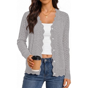 MEROKEETY Women’s Fall Long Sleeve Open Front Cardigan Sweaters | Button Up, Scalloped V Neck, Crochet Cardigan, Hollow Out, Lightweight, Dressy, Trendy, Loose Fit, Knit Jumper, Sweater Top(Gray)