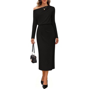 MEROKEETY Women’s Fall Off The Shoulder Wedding Guest Cocktail Maxi Dress | Long Sleeve, Ruched Waist, Fitted, Baby Shower, Date Night, Business Casual, Elegant, Formal Long Dresses, 2026 Winter(Black)