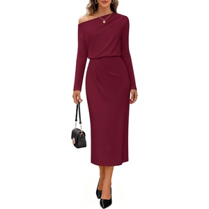 MEROKEETY Women’s Fall Off The Shoulder Wedding Guest Cocktail Maxi Dress | Long Sleeve, Ruched Waist, Fitted, Baby Shower, Date Night, Business Casual, Elegant, Formal Long Dresses, 2026 Winter(Wine)