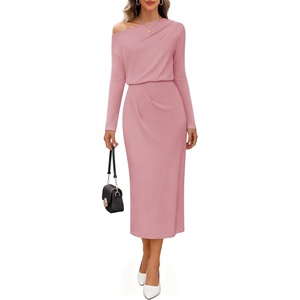 MEROKEETY Women’s Fall Off The Shoulder Wedding Guest Cocktail Maxi Dress | Long Sleeve, Ruched Waist, Fitted, Baby Shower, Date Night, Business Casual, Elegant, Formal Long Dresses, 2026 Winter(Pink)