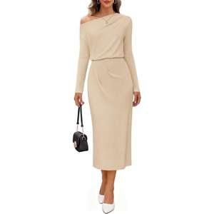 MEROKEETY Women’s Fall Off The Shoulder Wedding Guest Cocktail Maxi Dress | Long Sleeve, Ruched Waist, Fitted, Baby Shower, Date Night, Business Casual, Elegant, Formal Long Dresses, 2026 Winter(Apricot)