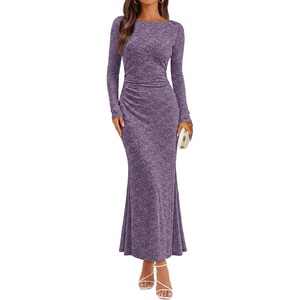 MEROKEETY Women’s Fall Wedding Guest Bodycon Floral Maxi Dresses | Long Sleeve, Ruched, Formal, Elegant, Cocktail Party, Boat Neck, Lace Jacquard Knit, Mermaid Hem, Sheer Sleeves, Long Dress(Purple)