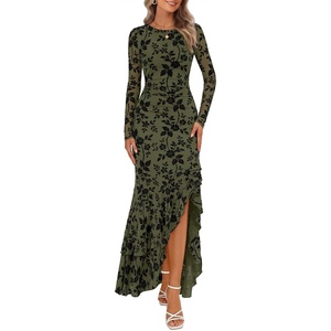 MEROKEETY Women’s Fall Wedding Guest Cocktail Maxi Dresses | Long Sleeve, Floral, Boat Neck, Bodycon, Asymmetric Ruffle Hem, Mesh, Sexy High Slit, Floor Length, 2026 Formal Long Dress(Army Green)