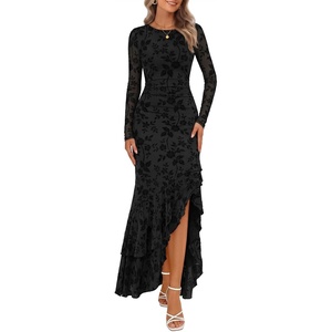 MEROKEETY Women’s Fall Wedding Guest Cocktail Maxi Dresses | Long Sleeve, Floral, Boat Neck, Bodycon, Asymmetric Ruffle Hem, Mesh, Sexy High Slit, Floor Length, 2026 Formal Long Dress(Black)