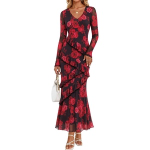 MEROKEETY Womens Fall Wedding Guest Floral Long Sleeve Bodycon Maxi Dress | 2026, Formal, V Neck, Ruffle Trim, Cocktail Party, Rehearsal Dinner, Bridal Shower, Baby Shower, Engagement, Long Dresses(Red)