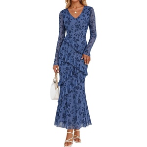 MEROKEETY Womens Fall Wedding Guest Floral Long Sleeve Bodycon Maxi Dress | 2026, Formal, V Neck, Ruffle Trim, Cocktail Party, Rehearsal Dinner, Bridal Shower, Baby Shower, Engagement, Long Dresses(Dustyblue)