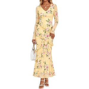 MEROKEETY Womens Fall Wedding Guest Floral Long Sleeve Bodycon Maxi Dress | 2026, Formal, V Neck, Ruffle Trim, Cocktail Party, Rehearsal Dinner, Bridal Shower, Baby Shower, Engagement, Long Dresses(Yellow)