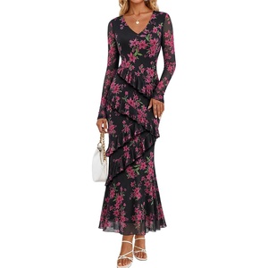 MEROKEETY Womens Fall Wedding Guest Floral Long Sleeve Bodycon Maxi Dress | 2026, Formal, V Neck, Ruffle Trim, Cocktail Party, Rehearsal Dinner, Bridal Shower, Baby Shower, Engagement, Long Dresses(Black)