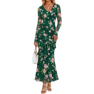 MEROKEETY Womens Fall Wedding Guest Floral Long Sleeve Bodycon Maxi Dress | 2026, Formal, V Neck, Ruffle Trim, Cocktail Party, Rehearsal Dinner, Bridal Shower, Baby Shower, Engagement, Long Dresses(Green)