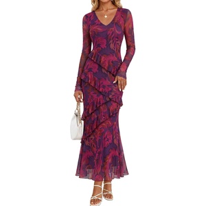 MEROKEETY Womens Fall Wedding Guest Floral Long Sleeve Bodycon Maxi Dress | 2026, Formal, V Neck, Ruffle Trim, Cocktail Party, Rehearsal Dinner, Bridal Shower, Baby Shower, Engagement, Long Dresses(Purple)
