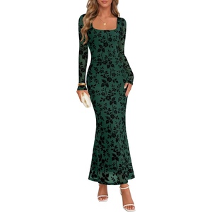 MEROKEETY Womens Fall Wedding Guest Long Sleeve Floral Mesh Maxi Dress 2026 | Formal, Square Neck, Bodycon, Fitted, Ruched, Flocked Fabric, Church, Baby Shower, Bridal Shower, Cocktail Party, Long Dress(Darkgreen)