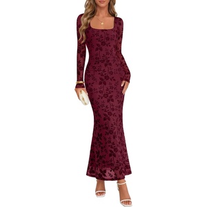MEROKEETY Womens Fall Wedding Guest Long Sleeve Floral Mesh Maxi Dress 2026 | Formal, Square Neck, Bodycon, Fitted, Ruched, Flocked Fabric, Church, Baby Shower, Bridal Shower, Cocktail Party, Long Dress(Wine)