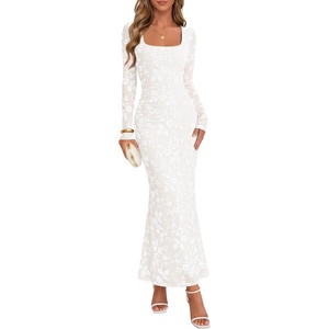 MEROKEETY Womens Fall Wedding Guest Long Sleeve Floral Mesh Maxi Dress 2026 | Formal, Square Neck, Bodycon, Fitted, Ruched, Flocked Fabric, Church, Baby Shower, Bridal Shower, Cocktail Party, Long Dress(White)