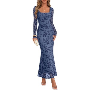 MEROKEETY Womens Fall Wedding Guest Long Sleeve Floral Mesh Maxi Dress 2026 | Formal, Square Neck, Bodycon, Fitted, Ruched, Flocked Fabric, Church, Baby Shower, Bridal Shower, Cocktail Party, Long Dress(Dustyblue)