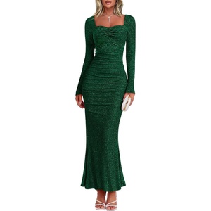MEROKEETY Women’s Fall Wedding Guest Long Sleeve Sparkly Bodycon Maxi Dress | Long Sleeve, Ruched, Square Neck, Fitted, Mermaid Hem, Glitter, Cocktail Party, Elegant, Evening Gown, Prom, Long Dresses(Darkgreen)