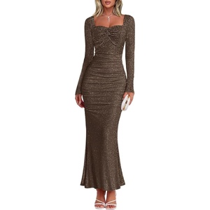 MEROKEETY Women’s Fall Wedding Guest Long Sleeve Sparkly Bodycon Maxi Dress | Long Sleeve, Ruched, Square Neck, Fitted, Mermaid Hem, Glitter, Cocktail Party, Elegant, Evening Gown, Prom, Long Dresses(Coffee)